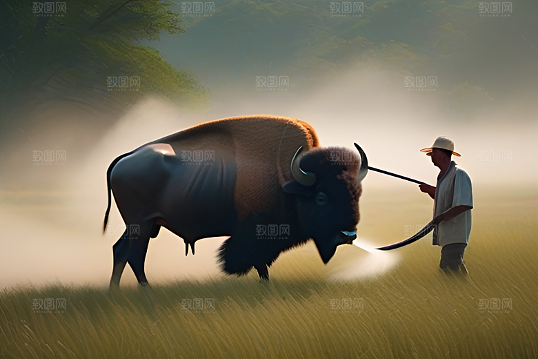 男人和水牛在绿草地上漫步