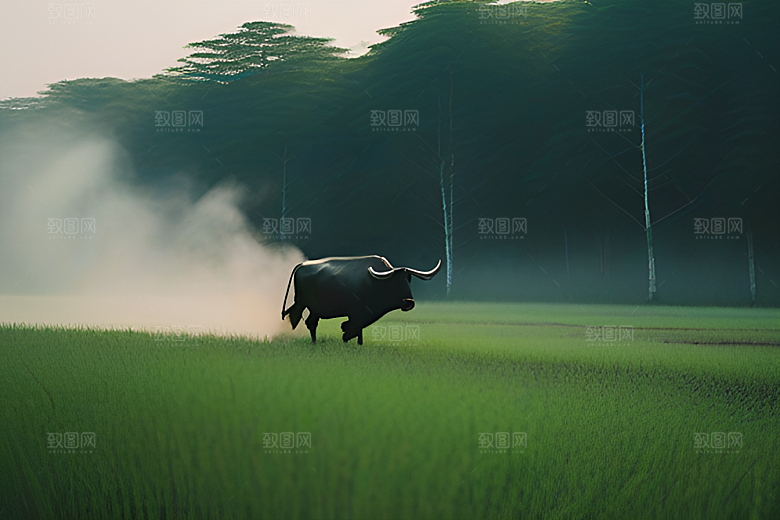 男人和水牛在绿草地上漫步