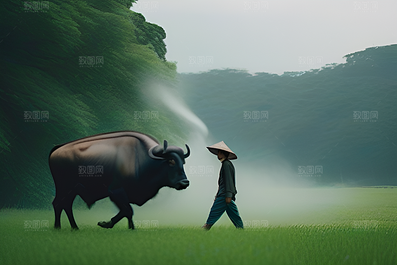 在树木环绕的田野中男人与水牛漫步