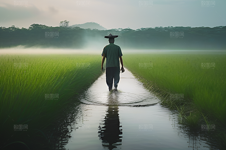 男人与水牛穿越绿草田野