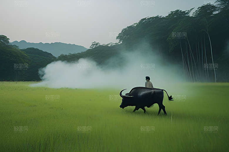 男人与水牛穿越绿草田野