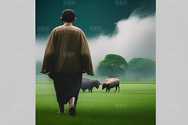男人与水牛穿越绿草田野