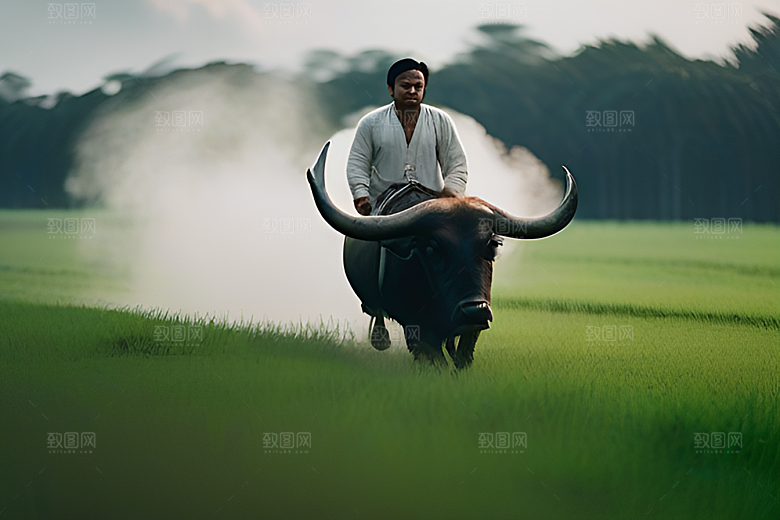 男人和水牛在绿草地上漫步