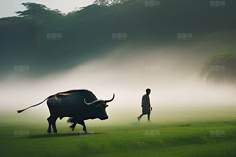 青翠的绿草地上男人与水牛同行