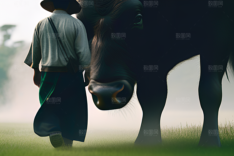 青翠的绿草地上男人与水牛同行