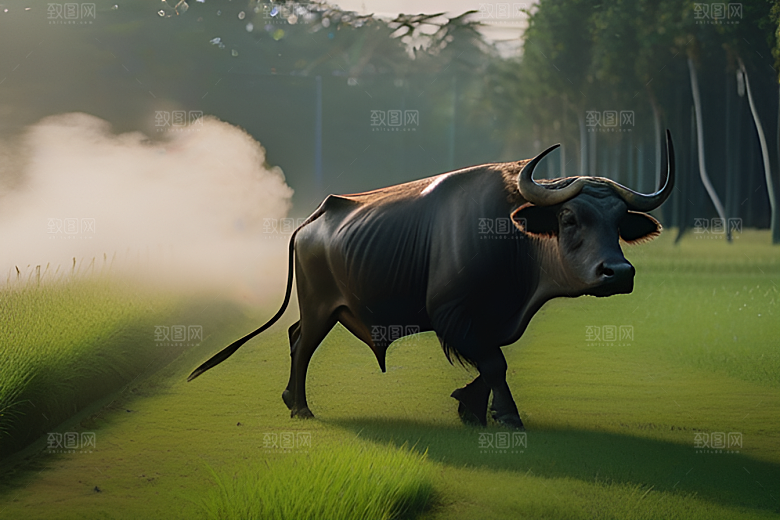 青翠的绿草地上男人与水牛同行