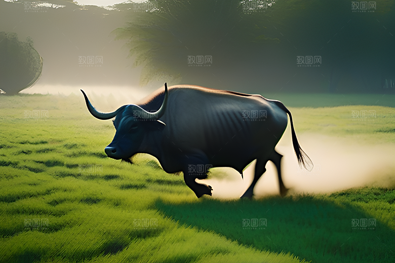 青翠的绿草地上男人与水牛同行