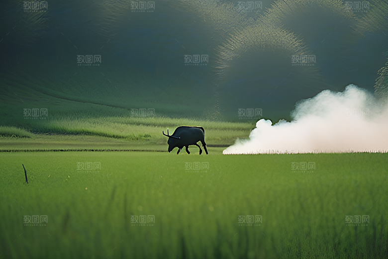 绿草和树木点缀的田野中的男人与水牛
