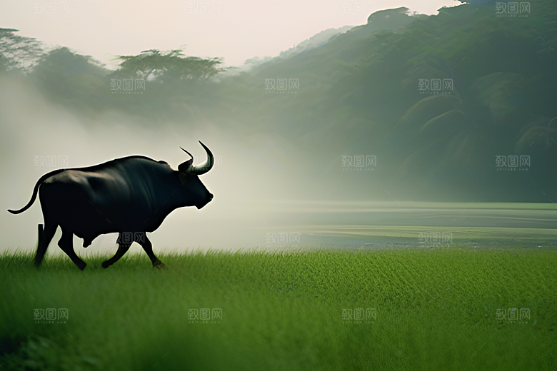 男人和水牛在绿草地上漫步