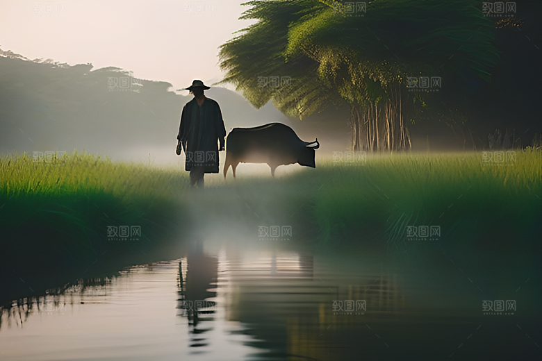 男人和水牛在绿草地上漫步