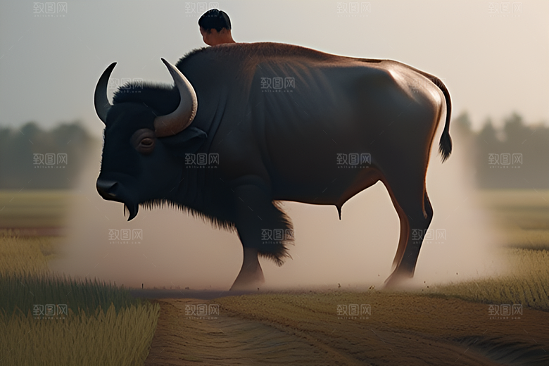男人和水牛在绿草地上漫步