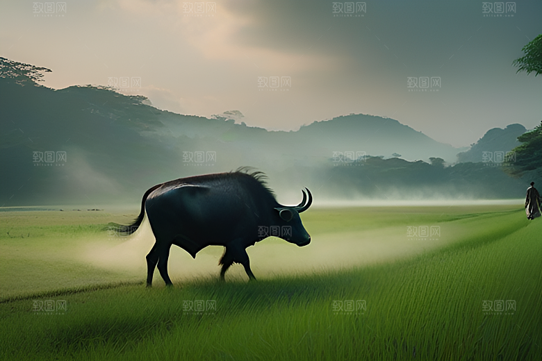 男人和水牛在绿草地上漫步