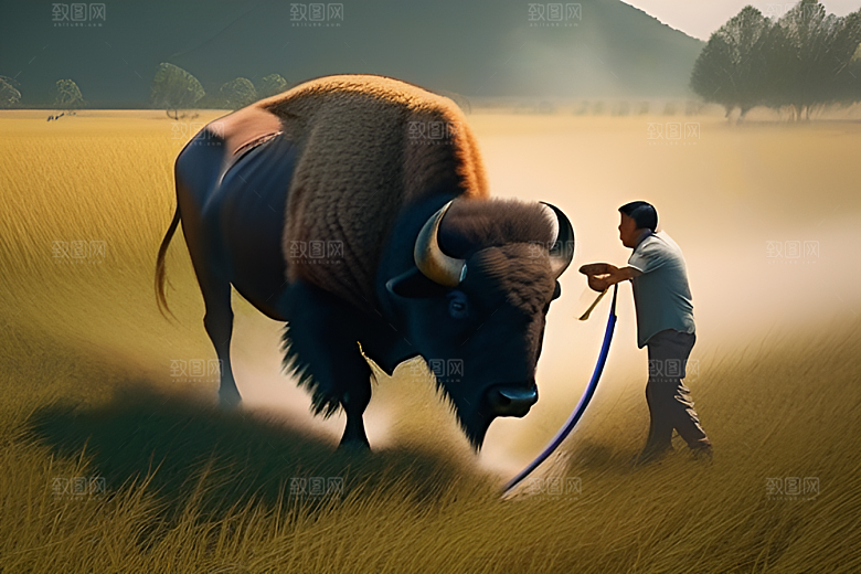 男人和水牛在绿草地上漫步