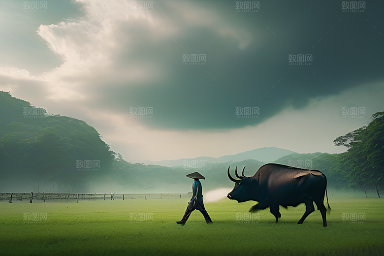 男人和水牛在绿草地上漫步