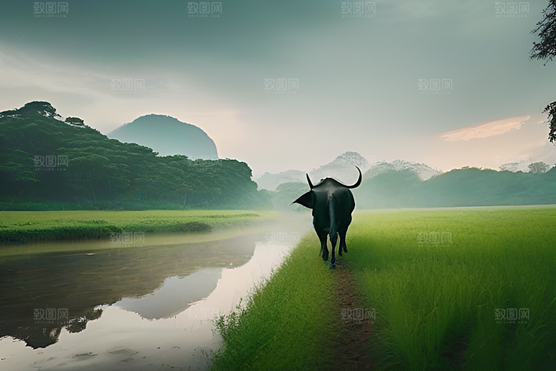 男人和水牛在绿草地上漫步