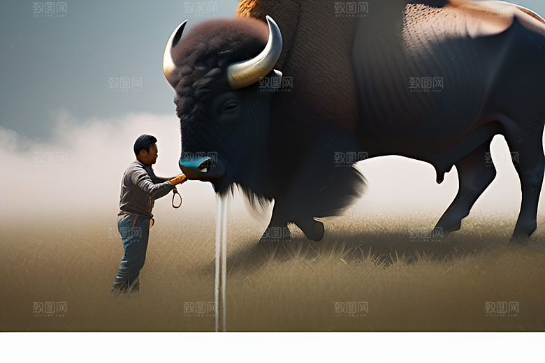 在树木环绕的田野中男人与水牛漫步