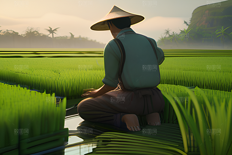 碧波草海中的农田劳碌