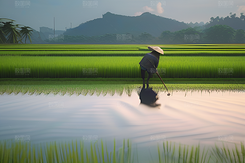 碧波草海中的农田劳碌