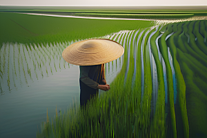 碧波草海中的农田劳碌