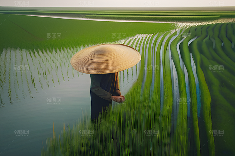 碧波草海中的农田劳碌