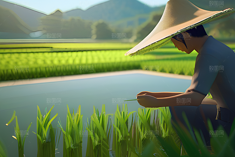 碧波草海中的农田劳碌