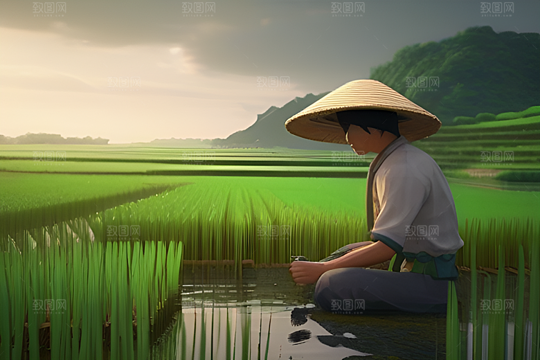 碧波草海中的农田劳碌