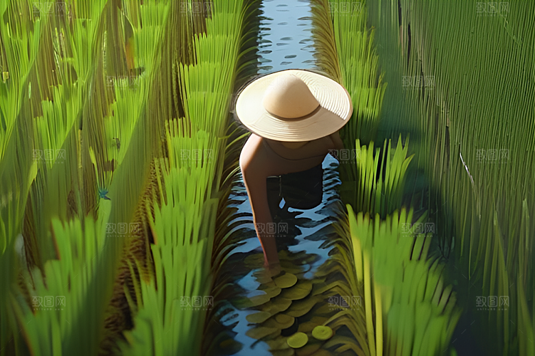 碧波草海中的农田劳碌