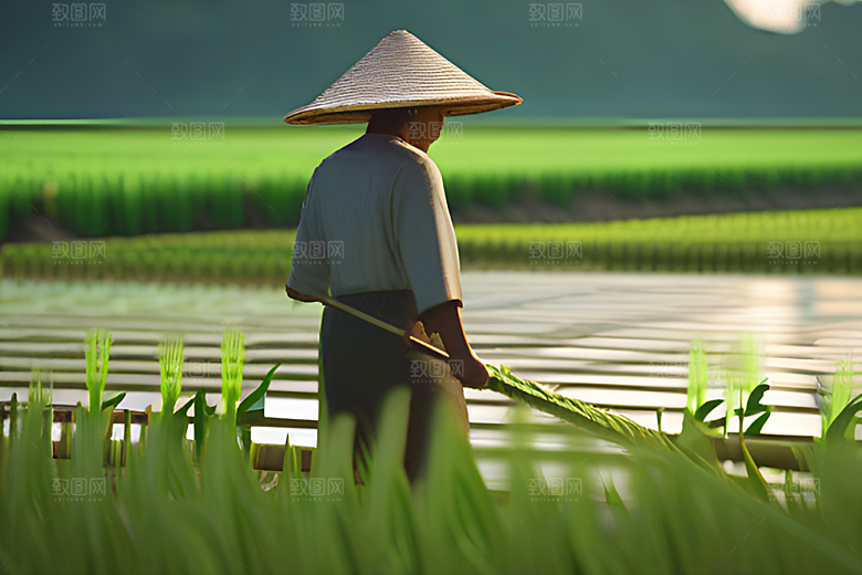 碧波草海中的农田劳碌
