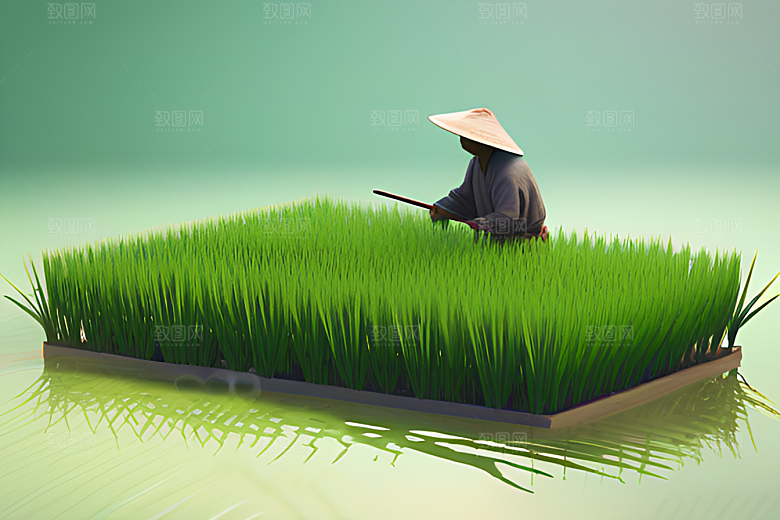 青翠稻田中的勤劳农人