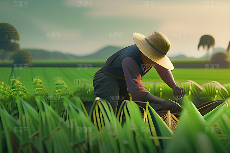 青翠稻田中的勤劳农人