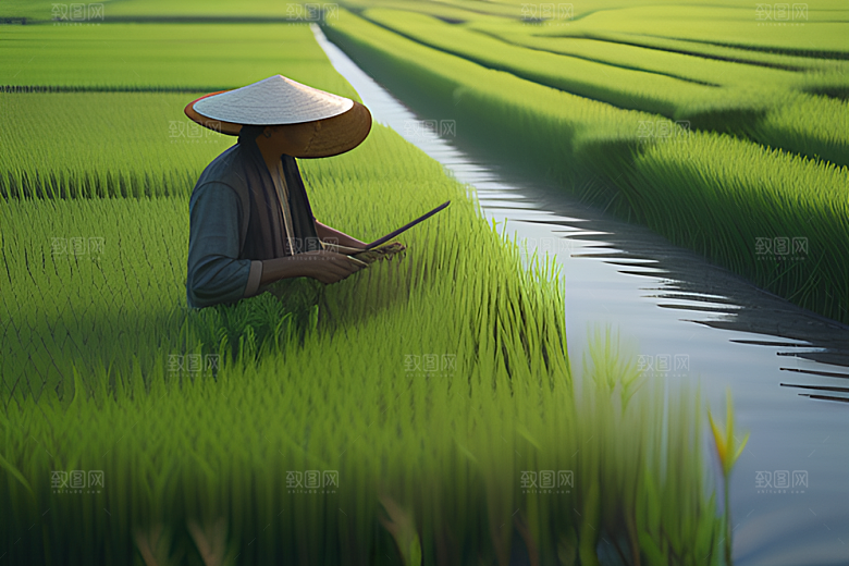 耕作于绿色世界中的人