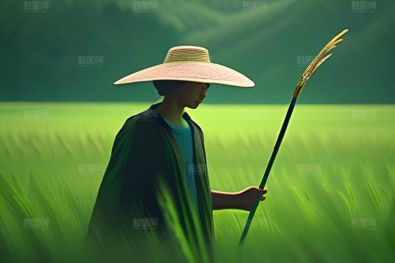 青翠稻田中的勤劳农人
