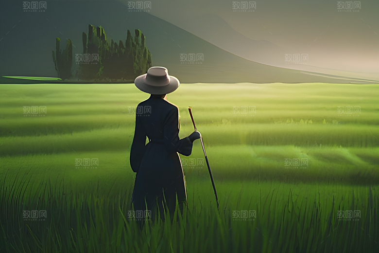青翠稻田中的勤劳农人