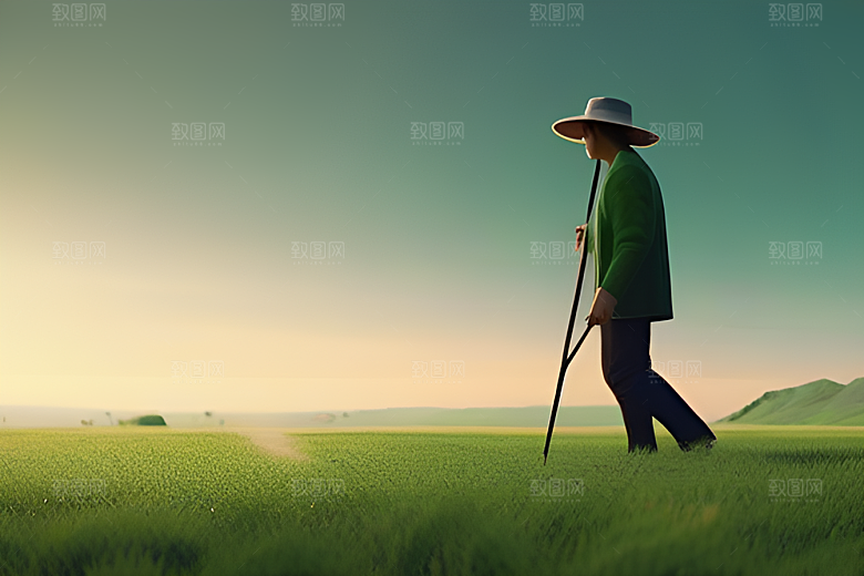 耕作于绿色世界中的人