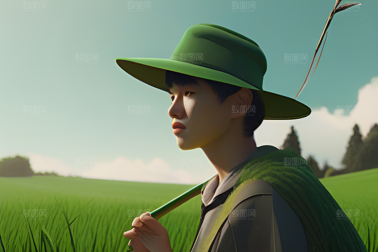 耕作于绿色世界中的人