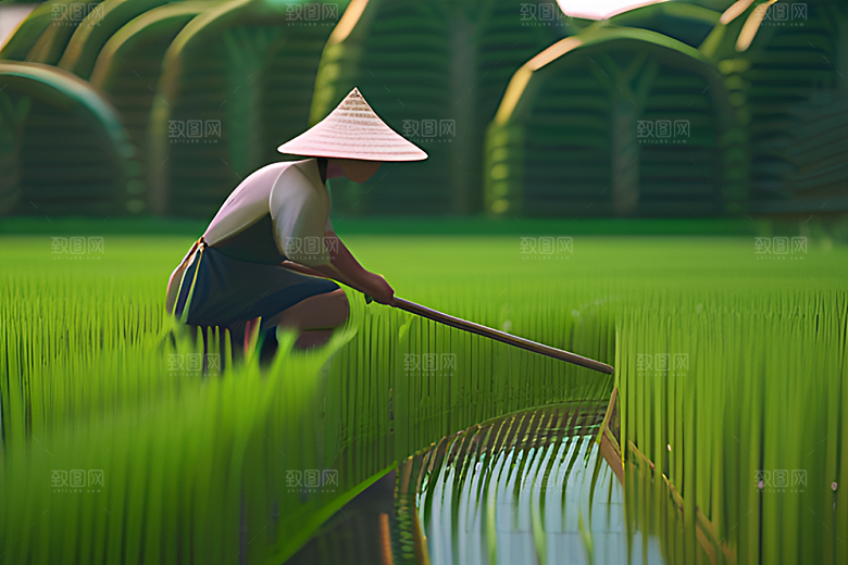 耕作于绿色世界中的人