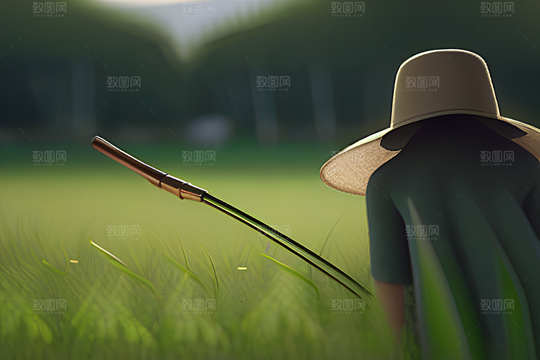 青青稻苗下的农场景