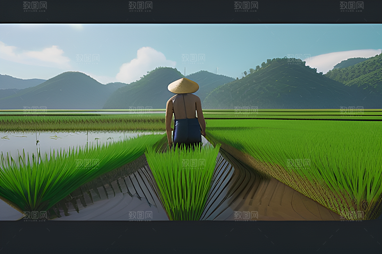 青青稻苗下的农场景