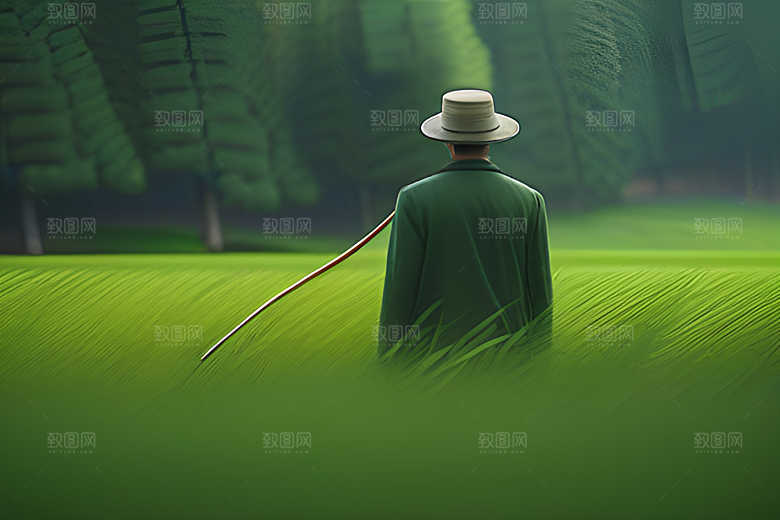 青青稻苗下的农场景