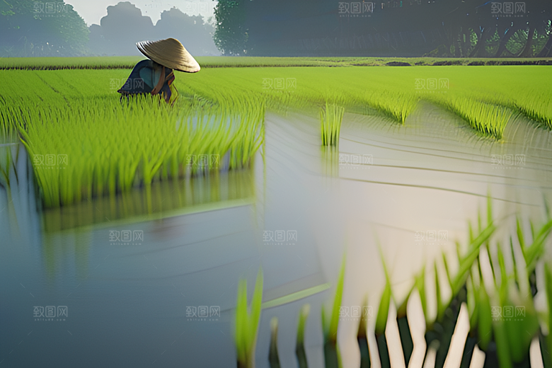 青青稻苗下的农场景