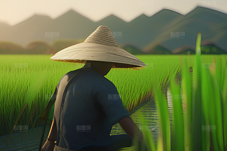 青青稻苗下的农场景