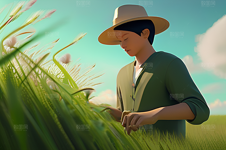 青青稻苗下的农场景
