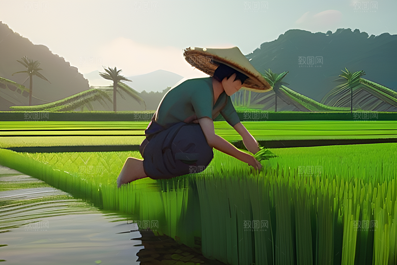 青青稻苗下的农场景