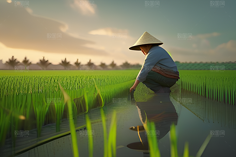 青青稻苗下的农场景