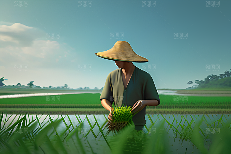 青青稻苗下的农场景