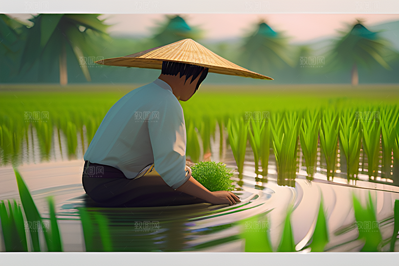 青青稻苗下的农场景