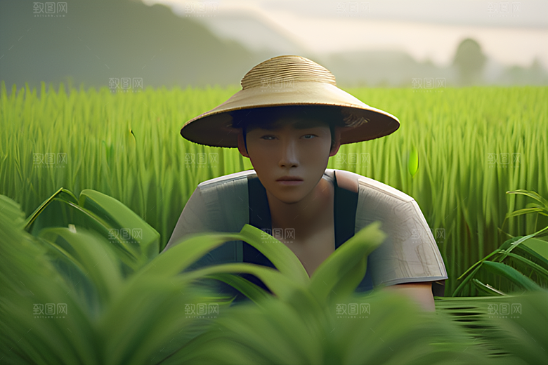 翠绿稻田中的劳作者