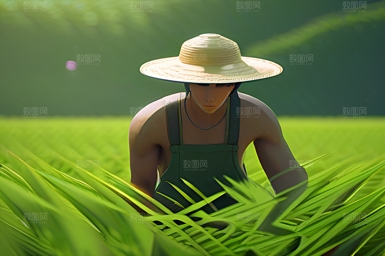 翠绿稻田中的劳作者