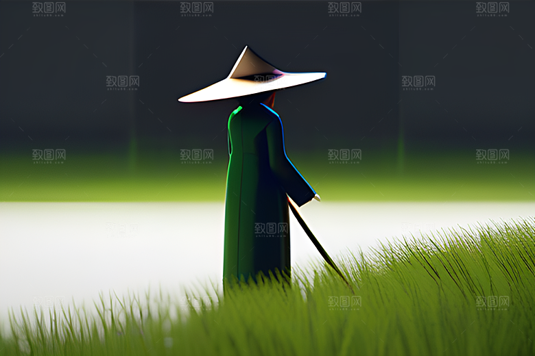 翠绿稻田中的劳作者
