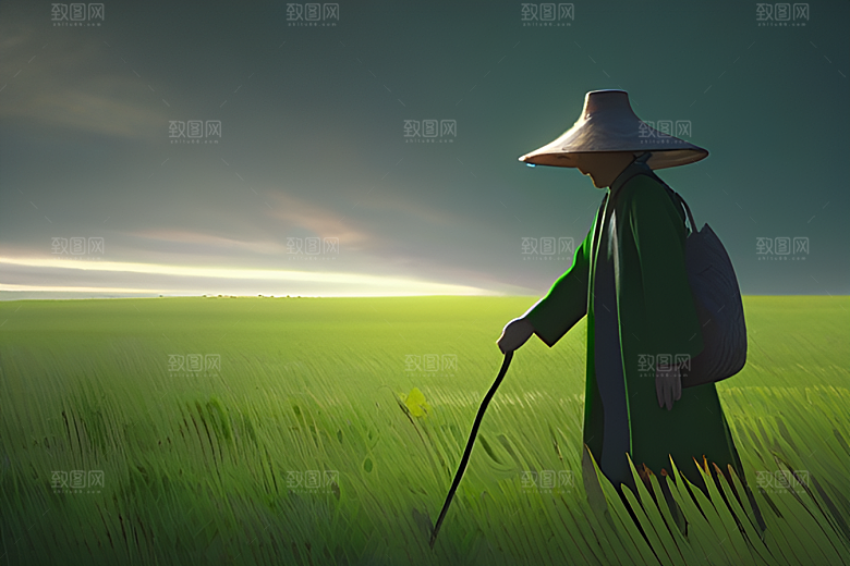 翠绿稻田中的劳作者